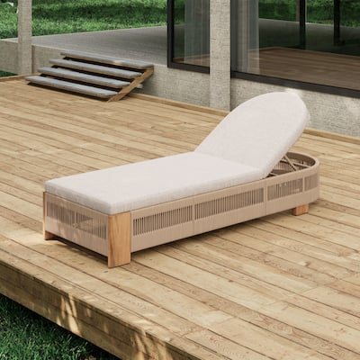 Acacia Wood Outdoor Chaise Lounge with Adjustable Backrest & Cushion , Pool, Beach & Yard Lounge Chair