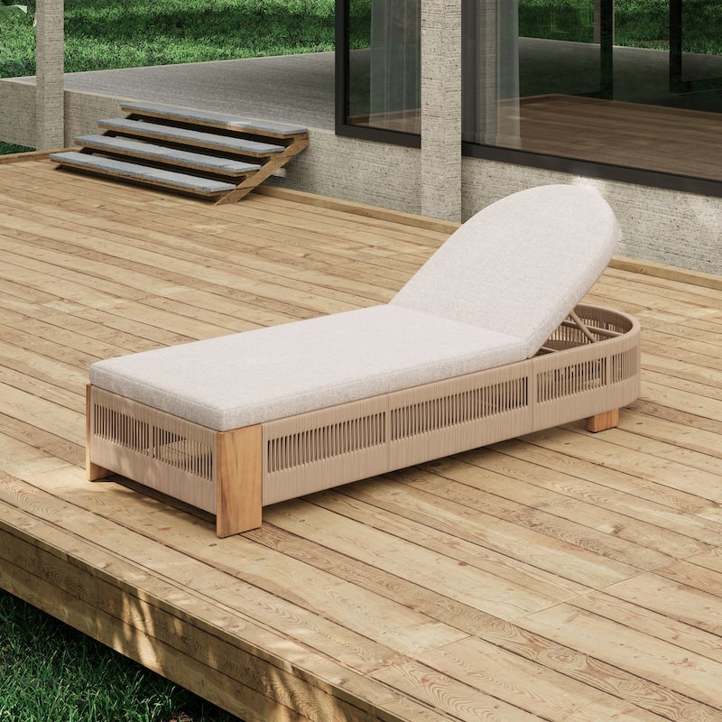 Outdoor Chaise Lounge Chair, Acacia wood Pool Chair with Adjustable Backrest and Cushion - Teak+ Beige