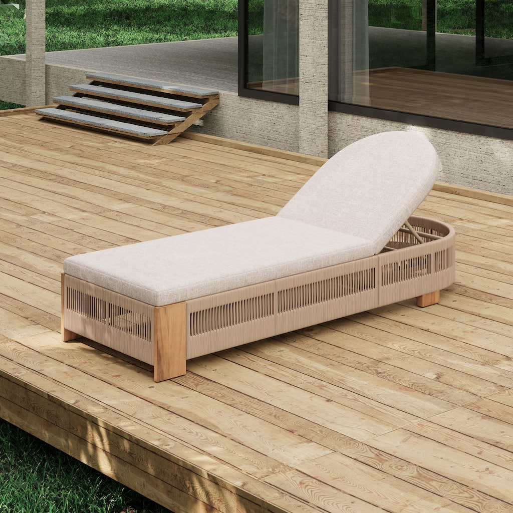 Roomfitters Outdoor Acacia Wood Chaise Lounge with Adjustable Backrest and Braided Rope Weave, Teak Finish