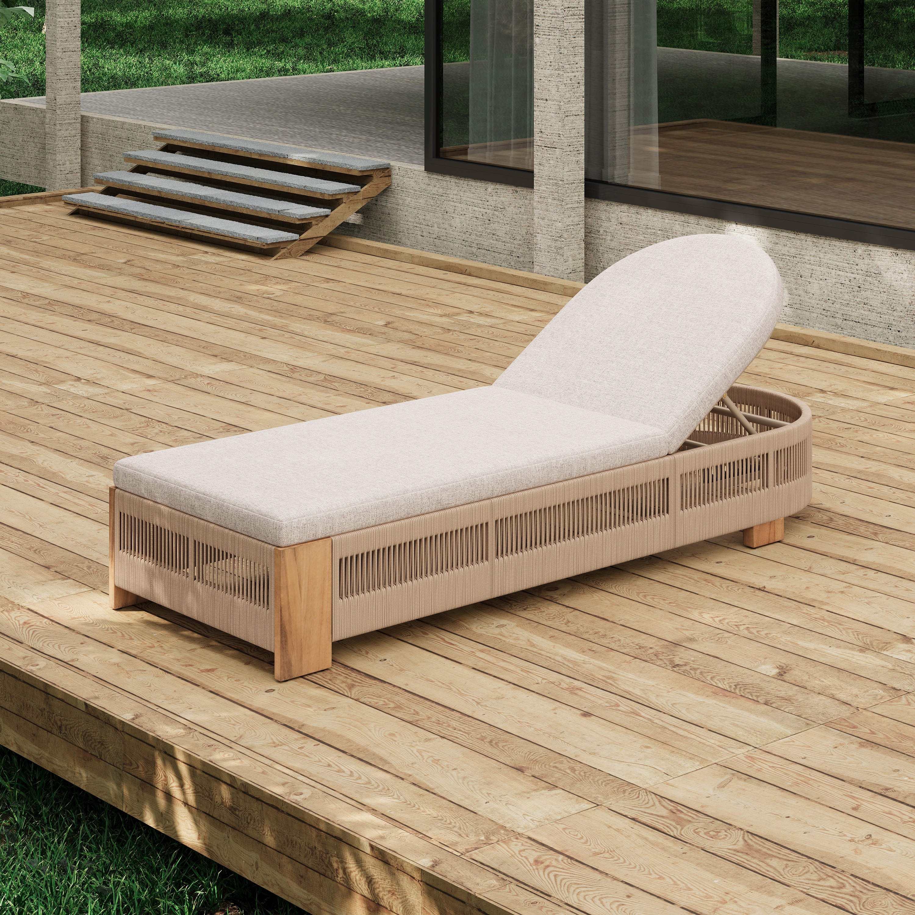 Roomfitters Outdoor Acacia Wood Chaise Lounge with Adjustable Backrest and Braided Rope Weave, Teak Finish