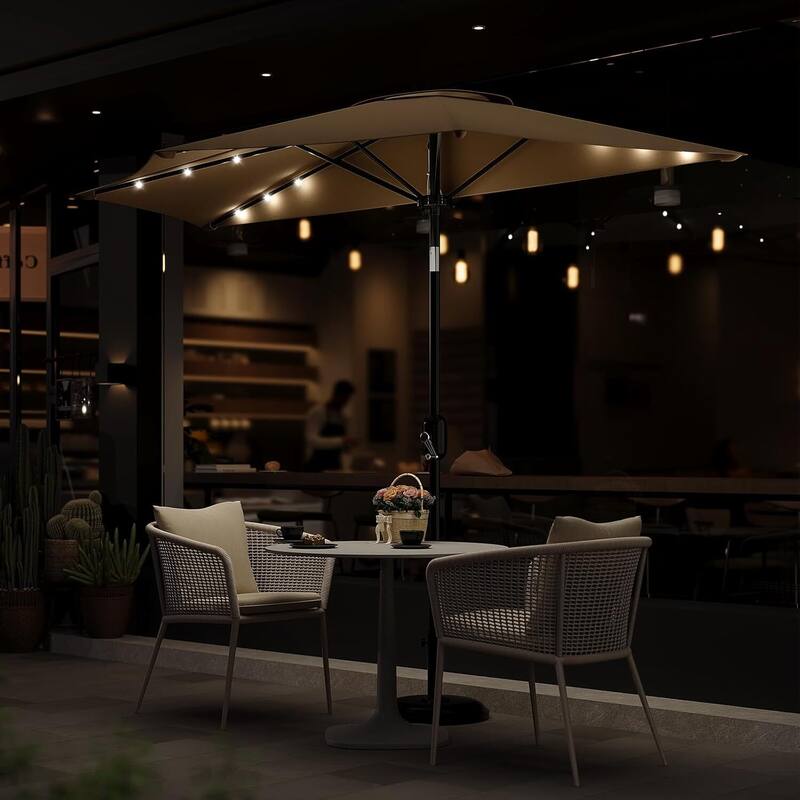 9FT Half Patio Umbrella with Smooth Crank Lift, Shade Canopy for Patio, Backyard, Garden with LED Lights (No Base)