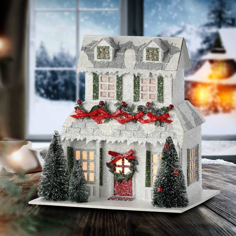9" LED Cardboard Xmas Snowman House - Red White Green