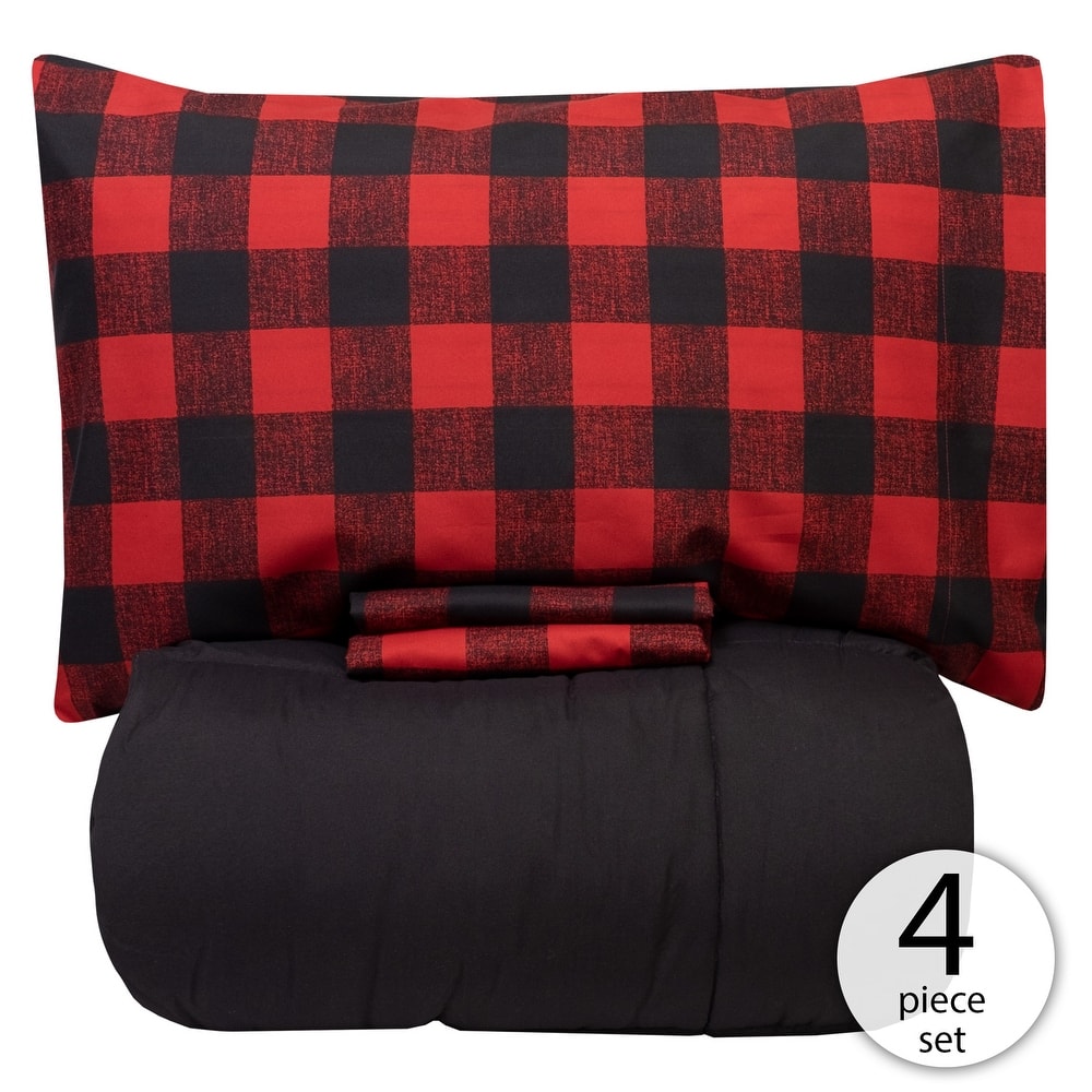 Sweet Home Collection Burgundy Black Buffalo Check Sheet & Solid Black Comforter Set