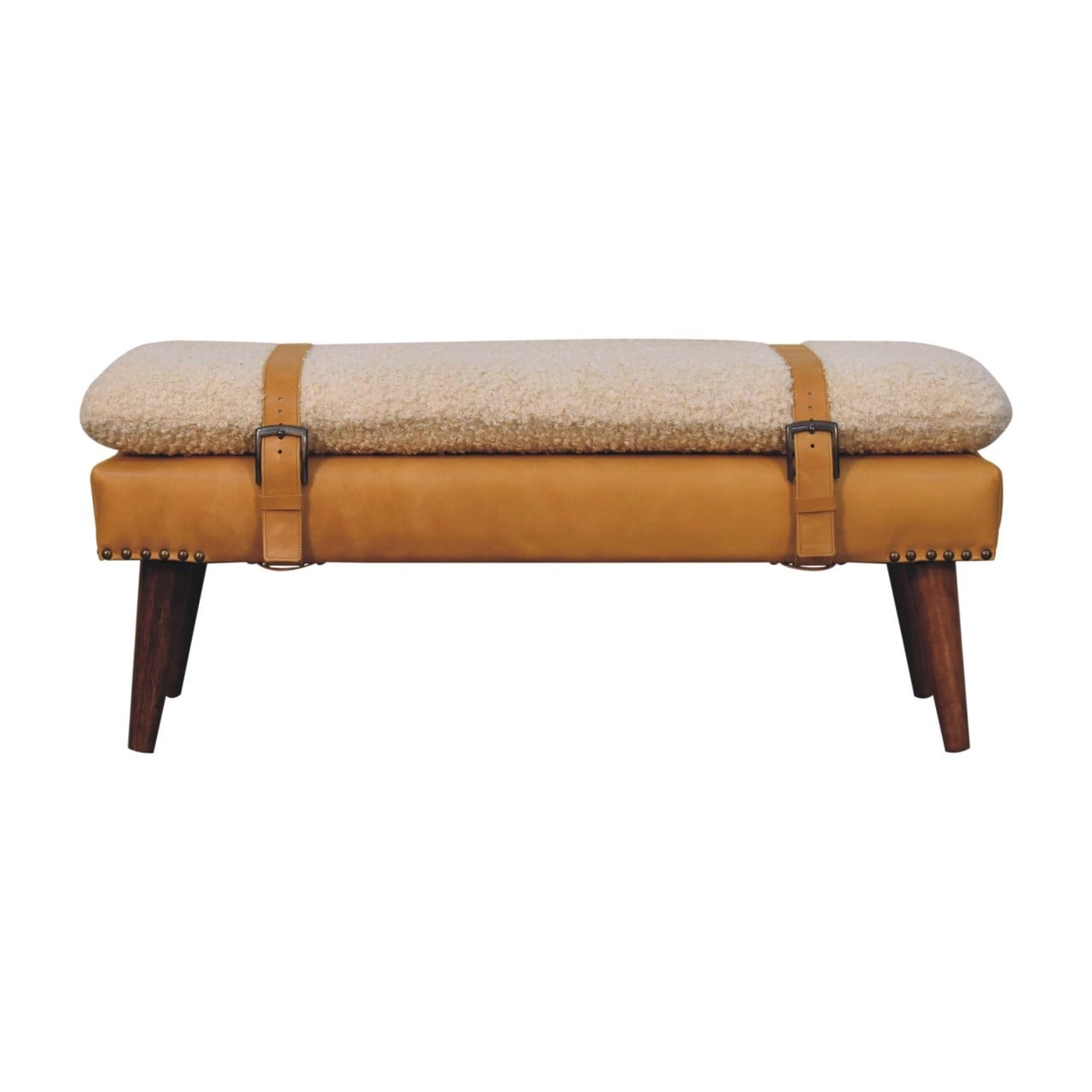 Artisan Furniture Solid Wood Boucle x Tan Leather Bench, Brown