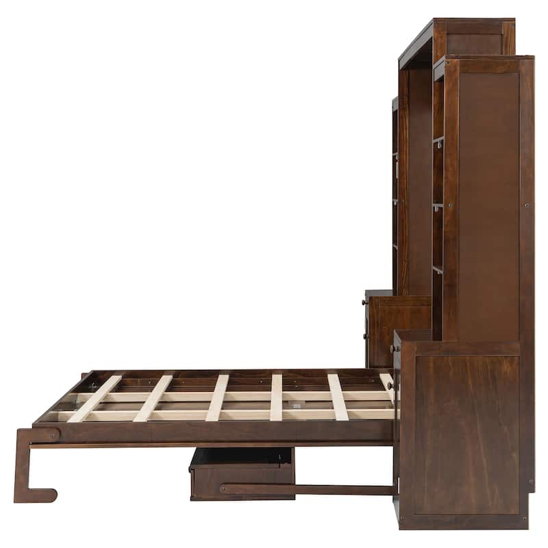 Queen Size Murphy Bed Heavy-Duty Murphy Bed Cabinet Bed with Desk Drawers open shelving Units Power Outlet and Side Cabinets