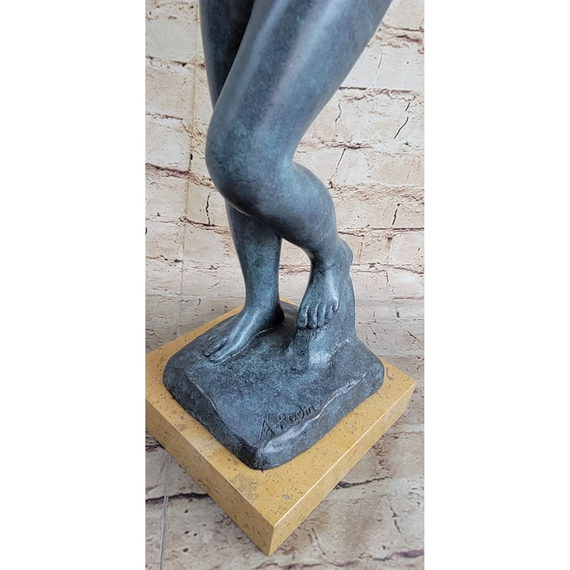 Eve By Auguste Rodin 1880 Bronze Statue Sculpture Replica Green Patina On Tan Marble Base