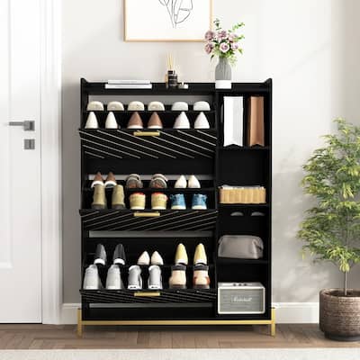 Modern Entryway Wood Shoe Cabinet with 3 Flip Drawers & Open Shelves