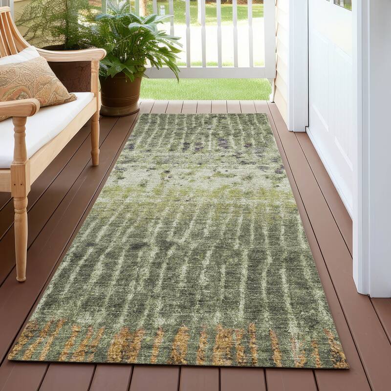 Machine Washable Indoor/ Outdoor Boho Modern Chantille Rug - Olive - 2'3" x 7'6"