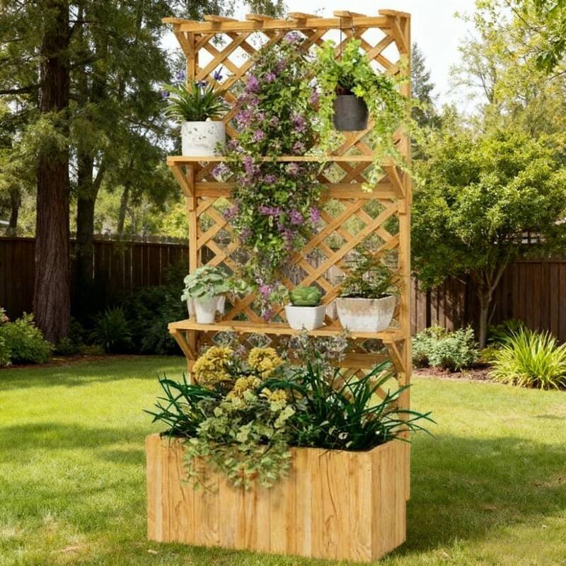 Wooden Multi-Functional Planter Box with Trellis Roof and Shelves
