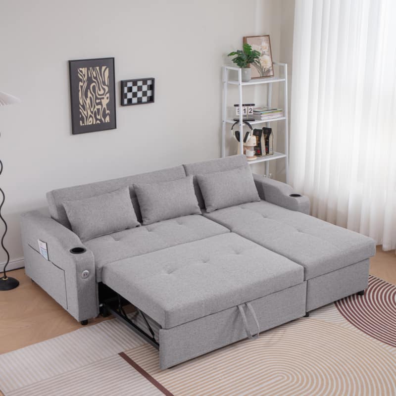84"Adjustable Backrest Sofa Bed,3 in 1 Linen Sleeper with USB Ports & Cup Holders, Pull Out Couch Bed with Storage Chaise