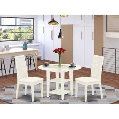 HomeStock 3-Pc Linen White Finish Round Solid Wood Top With Dropleaf Dining Table Set