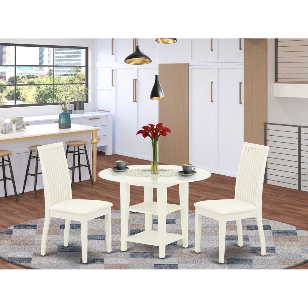 HomeStock 3-Pc Linen White Finish Round Solid Wood Top With Dropleaf Dining Table Set