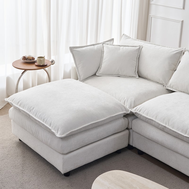 Chenille Upholstered L-shaped Sectional Sofa 3 Seater Modular Couch with Ottoman, Pillows and Double Layer Seat Cushions