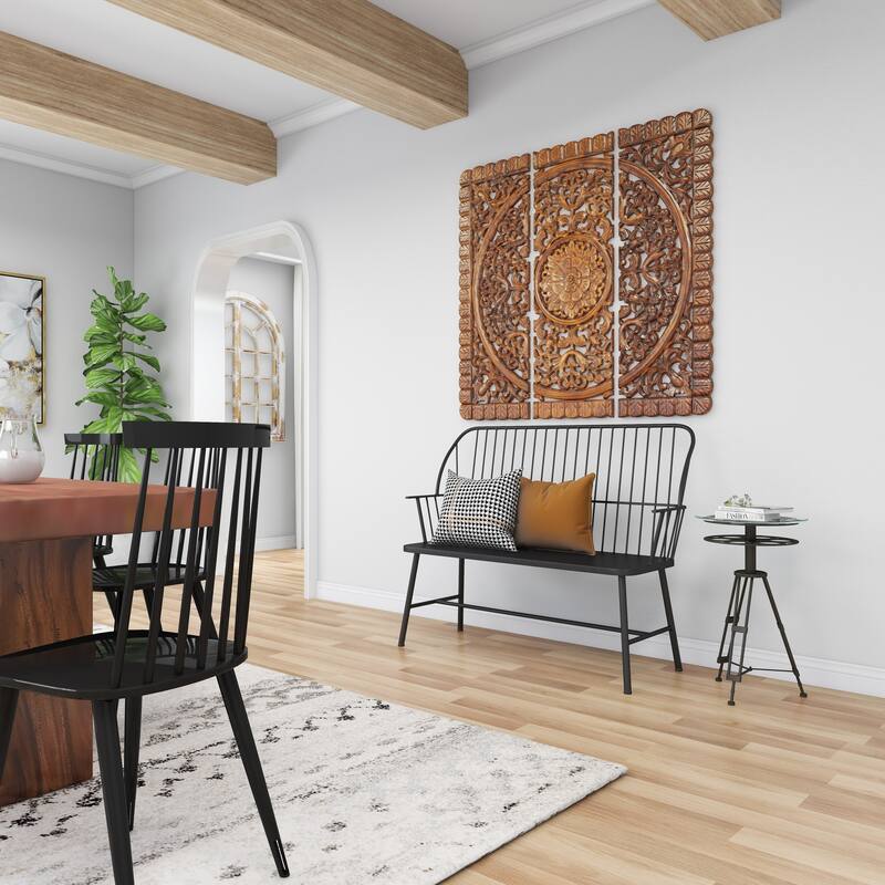 Black Metal Film Reel Accent Table with Tripod Legs and Glass Top