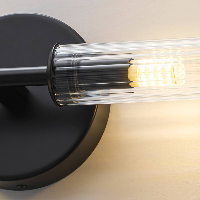 2-Light Mid-Century Modern Brushed Gold/Matte Black Finish Linear Vanity Light with Clear Striped Glass for Bathroom