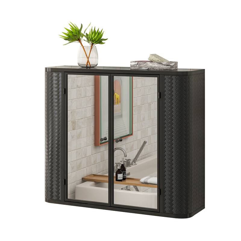 Farmhouse Metal Frame Bathroom Wall Cabinet，Dual Mirrored Doors & Open Shelf，Over-the-Sink or Toilet Storage
