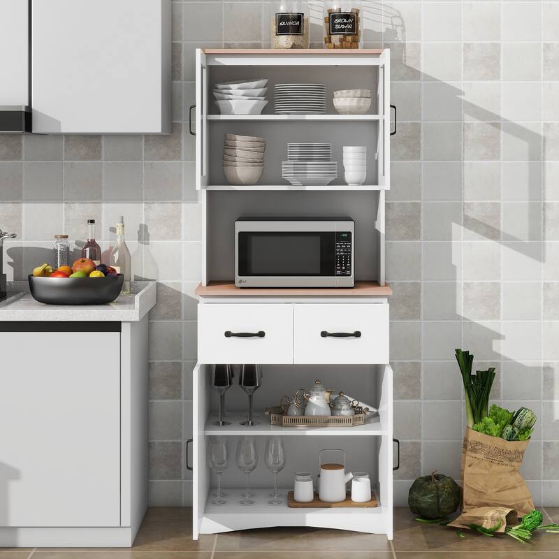 Kitchen Pantry Cabinet with Framed Glass Doors, Wooden Storage Hutch with Adjustable Shelves, Cupboard with Open Countertop