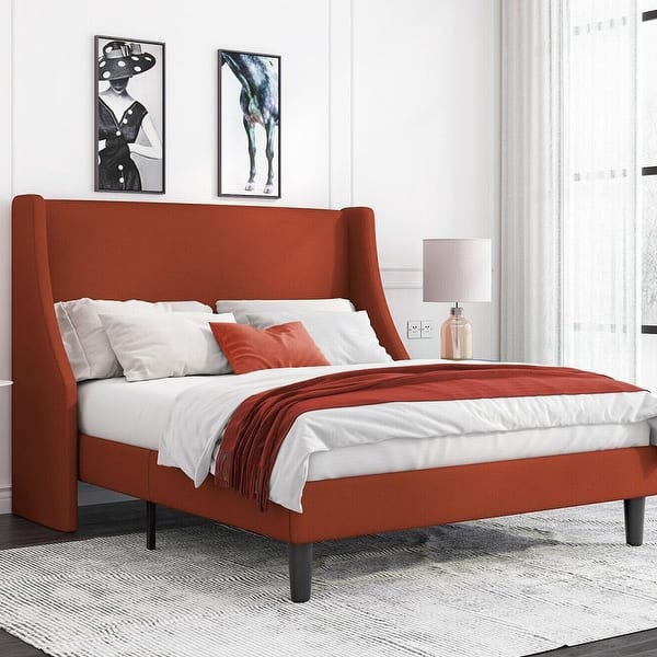 Full Size Modern Platform Bed Frame with Wingback, Burnt Orange Bed