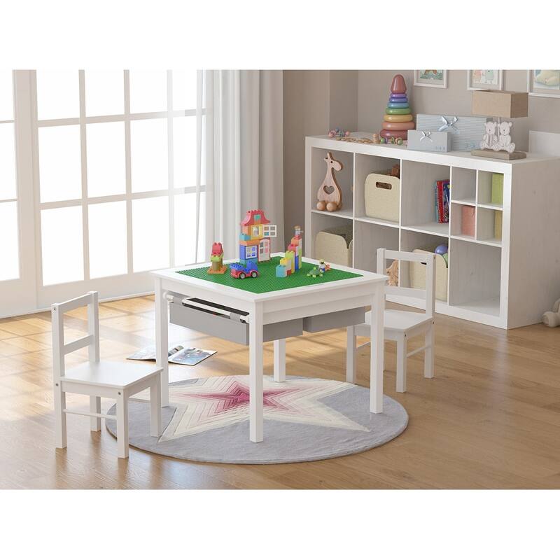 UTEX-2 in 1 Kids Activity Lego Table Set with Storage, Kids Table with 2 Chairs, White with Gray Drawer - White