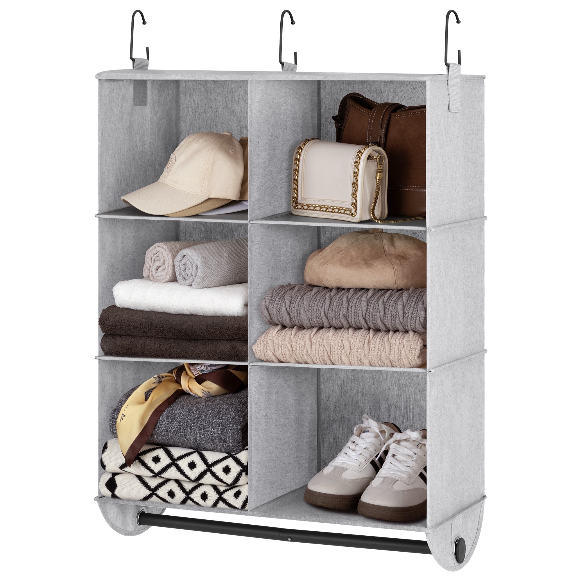 Hanging Closet Organizer with Metal Rod, Collapsible Hanging Shelves for Closet, Bedroom, Dorm, Kids Room, RV Camper