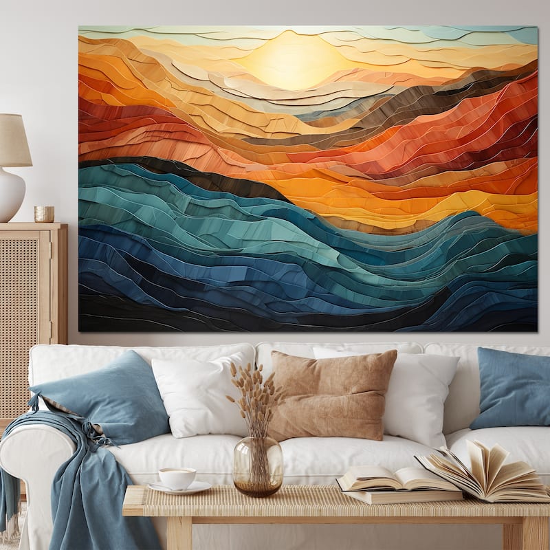 Designart "Coral Teal Bold Mountains Landscape" Modern Canvas Wall Art