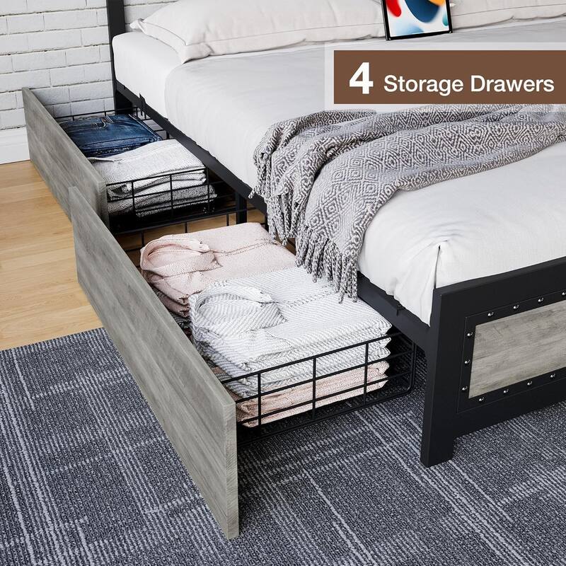 Platform Bed with Headboard, 4 Storage Drawers & Charging Station, Rivet Detail, Metal Slats, Gray