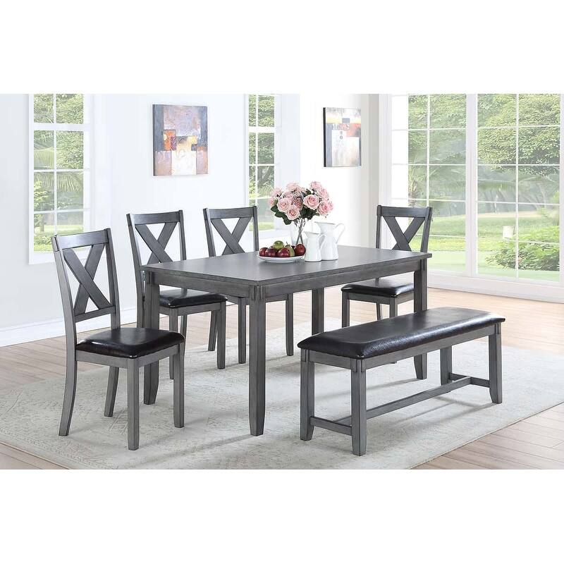 Dining Room Furniture Casual Modern 6pc Set Dining Table 4x Side Chairs and A Bench Rubberwood and Birch veneers Gray Fi - Grey