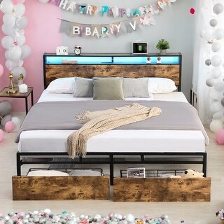 Retro Style Full Size Platform Bed Full Bed Frame, Storage Headboard ...