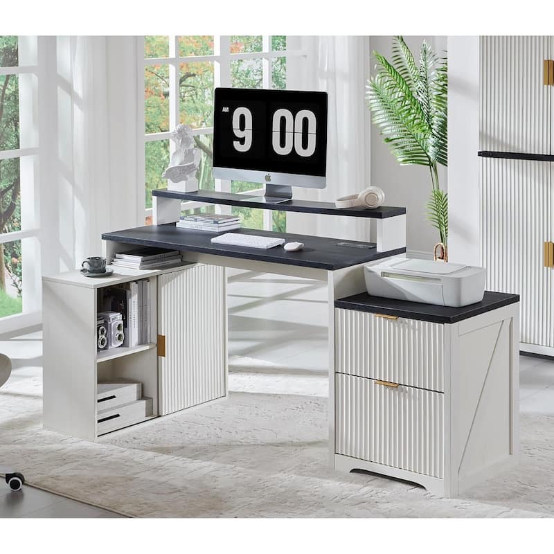 67" Modern L Shaped Desk, Wood Home Office Desk with Charging Station