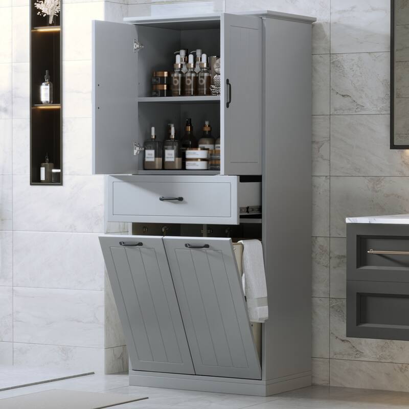 Bathroom Storage Cabinet with Two Laundry Baskets, Storage Cabinet with Doors and Drawer for Home