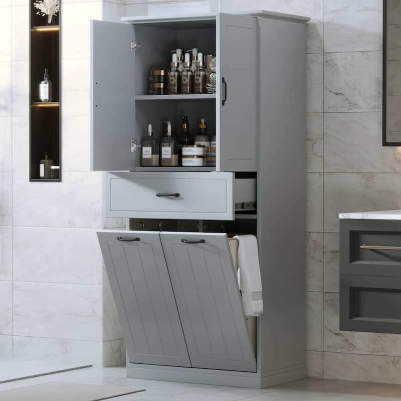 Roomfitters Bathroom Storage Cabinet with Double Laundry Hampers, Doors and Drawer Organizer