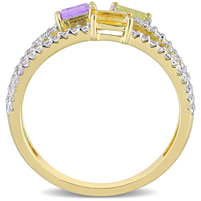 Multi Color Citrine, Peridot, Amethyst & White Topaz Multi Row Ring in Yellow Plated Sterling Silver by Miadora