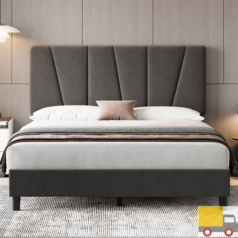 Upholstered Platform Bed with Adjustable Headboard and Slat Support - Queen - Dark Grey