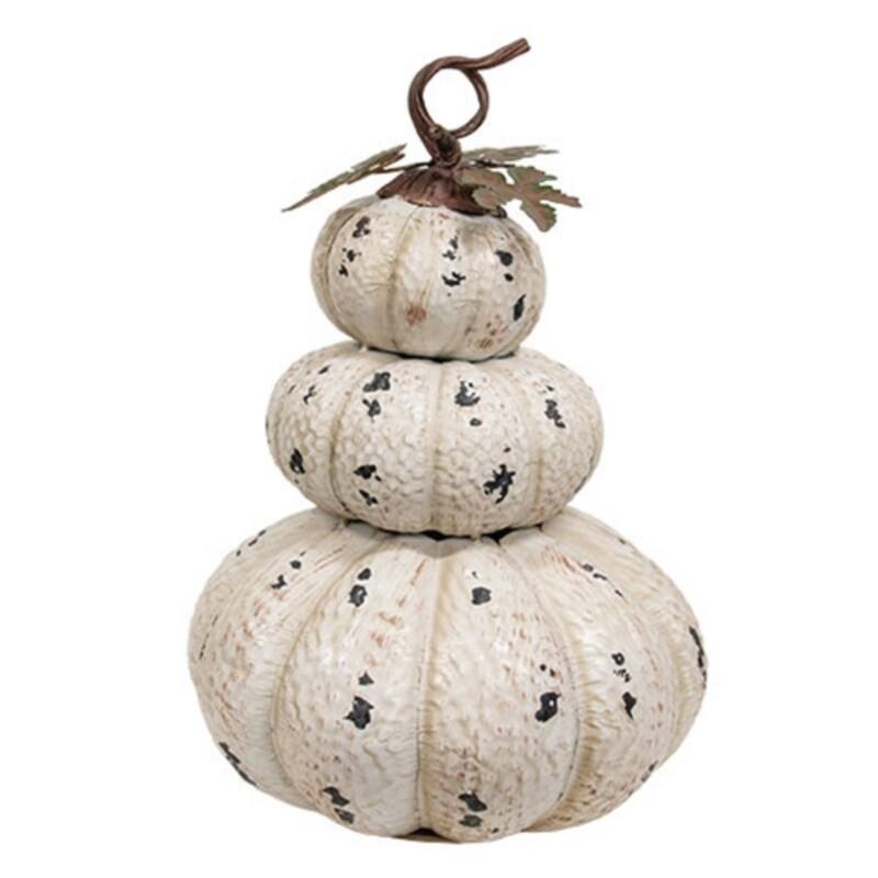 Distressed White Metal Triple Stack Pumpkin Fall Decor 18 In - 12" x 12" x 18" - Cream-Bronze-Green