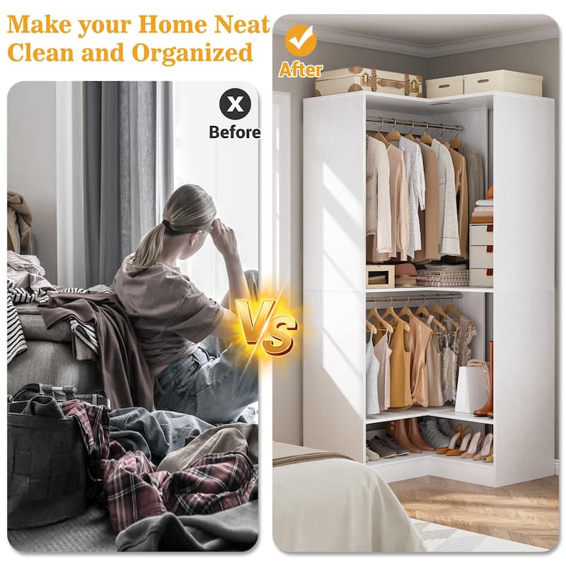 Qvella 31.5'' W Corner Closet System with Hanging Rods and Shelves,Corner Wardrobe Closet Organizer for Walk-in/Reach-in Closet