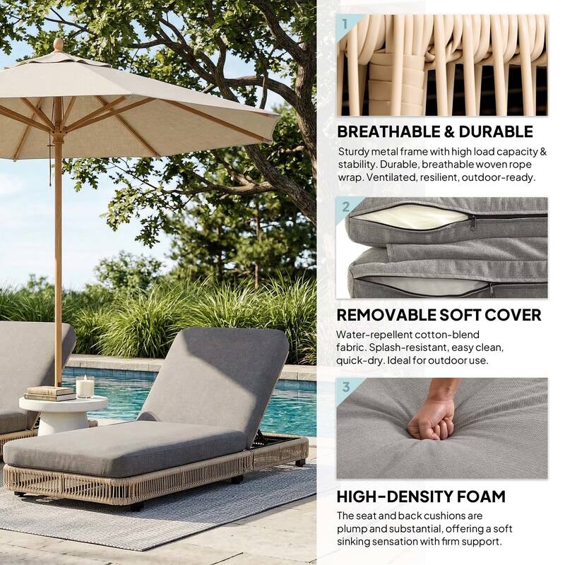 2-Piece Outdoor Chaise Lounge Chair with Adjustable Backrest Patio Pool Lounger