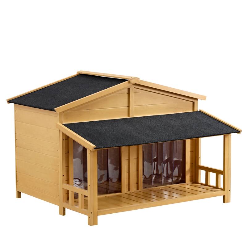 Dog House, Waterproof Dog Cage Kennel, Wooden Outdoor and Indoor Dog House, Log Cabin Style with Porch,Elevated Floor, 2 Doors