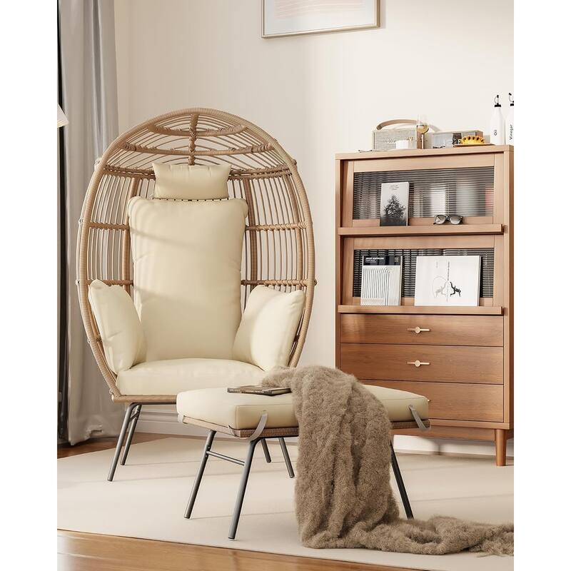 Wicker Egg Chair Set with Ottoman