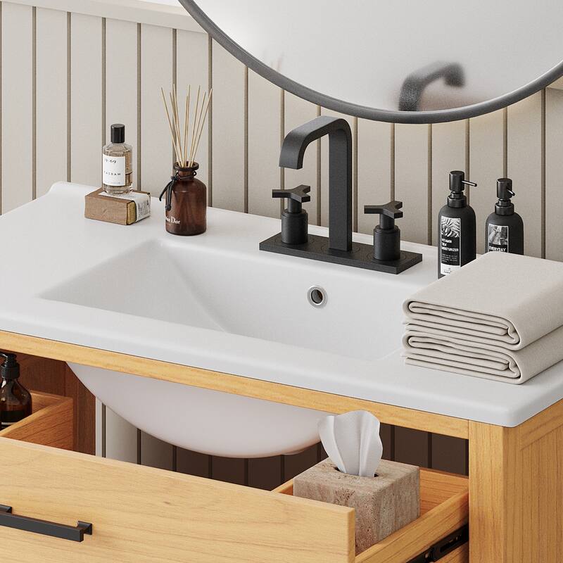 36"Bathroom Vanity with Ceramic Sink,Bathroom Cabinet with 2 Soft Close Doors and 3 Drawers,Free-standing Vanity with Wood Legs