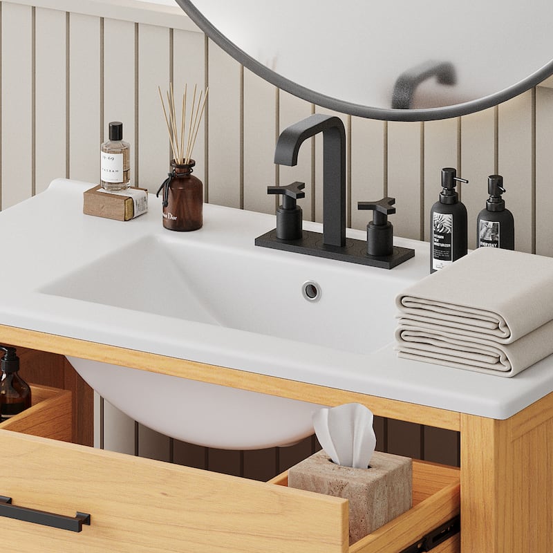 36 Inch Rattan Door Bathroom Vanity with Ceramic Sink Combo