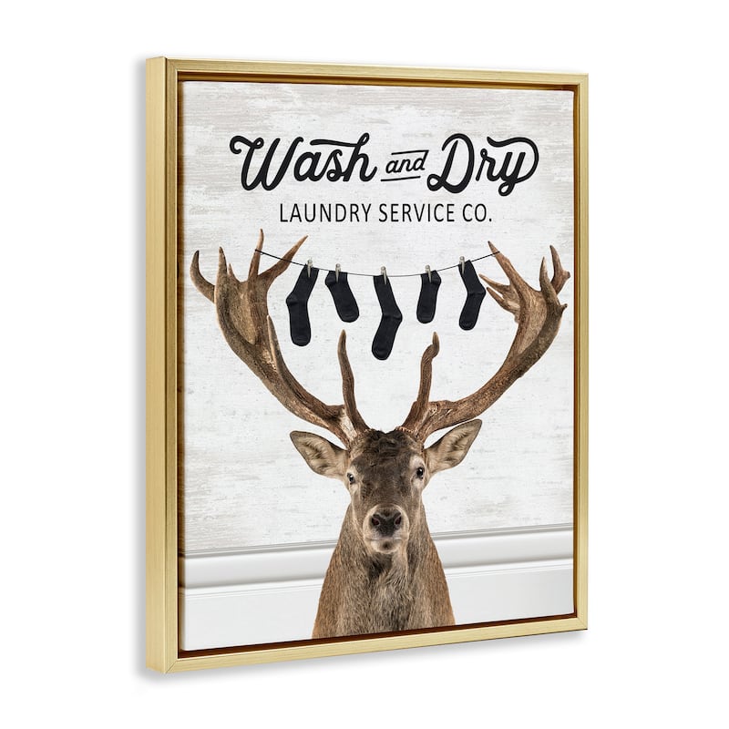 Stupell Vintage Laundry Elk Clothesline Framed Floater Canvas Wall Art Design By Lettered and Lined