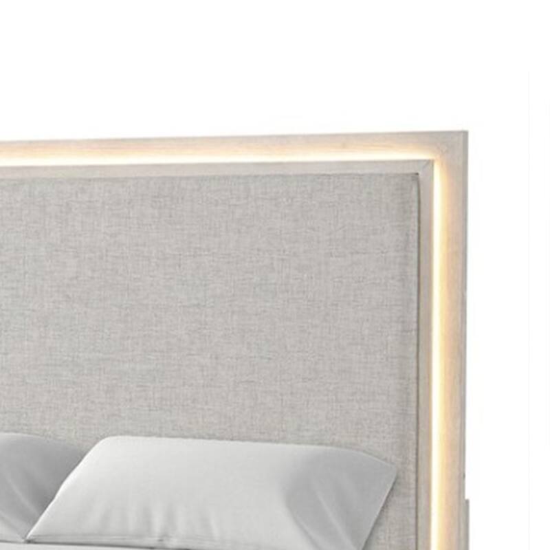 Loji Queen Size Bed w LED Headboard, Weathered Gray Solid Rubberwood