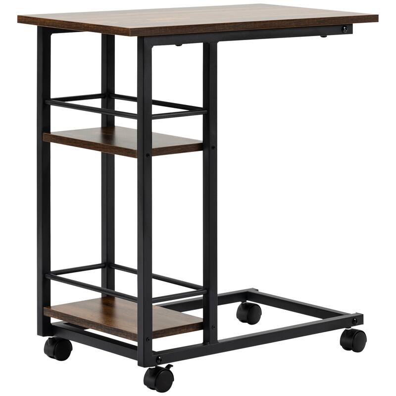 HOMCOM C Shaped End Table with Storage Shelves, Mobile Side Table with Wheels