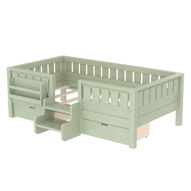 Multiple Colors Toddler Montessori Bed Children's Platform Bed with Low Profile Stairs, Built-in Bookshelf and Storage Drawers