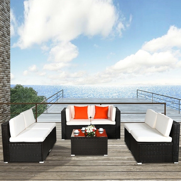 7 pcs Patio Rattan Furniture Set Sectional Sofa Cushioned