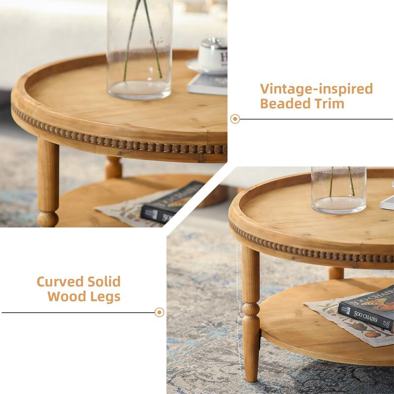 31.3" Round Boho Coffee Table with Storage Shelf - 2-Tier Accent Table with Beaded Trim & Curved Solid Wood Legs