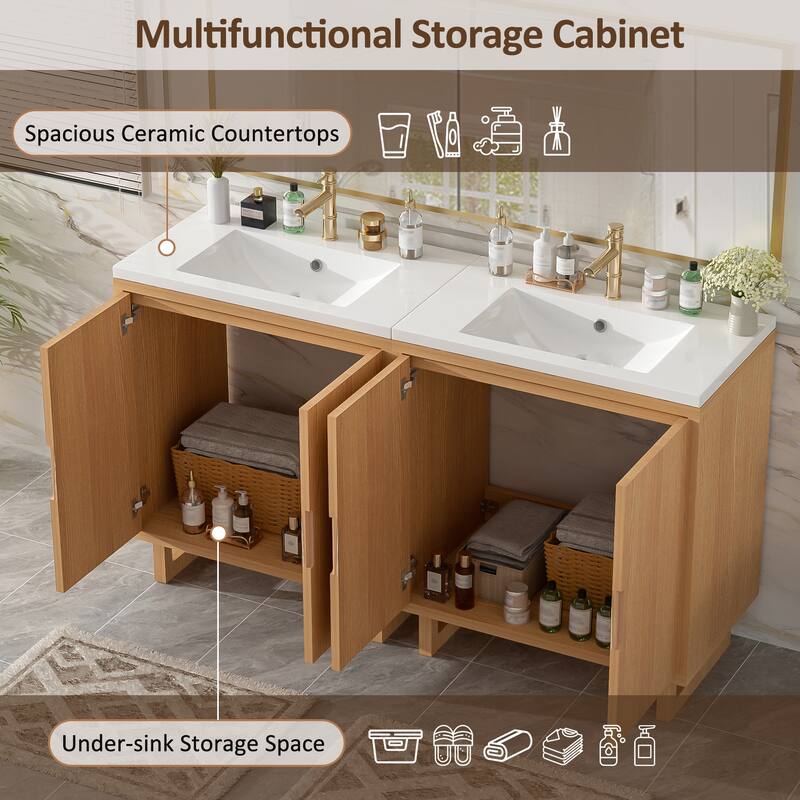GDFStudio - Transitional Double Bathroom Vanity Set with Resin Sink, Soft Close Doors & Solid Wood Legs, Set of 2