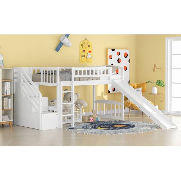 slide 2 of 30, Twin Loft Bed with Slide, Drawers & Storage Stairs - Ideal for Kids White