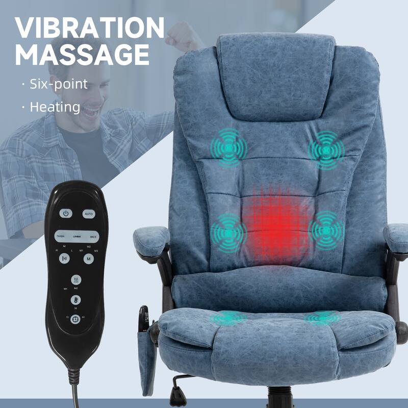 Blue PU Leather 360° Swivel High Back Office Recliner with Vibration Massage, Lumbar Heating, Adjustable Height
