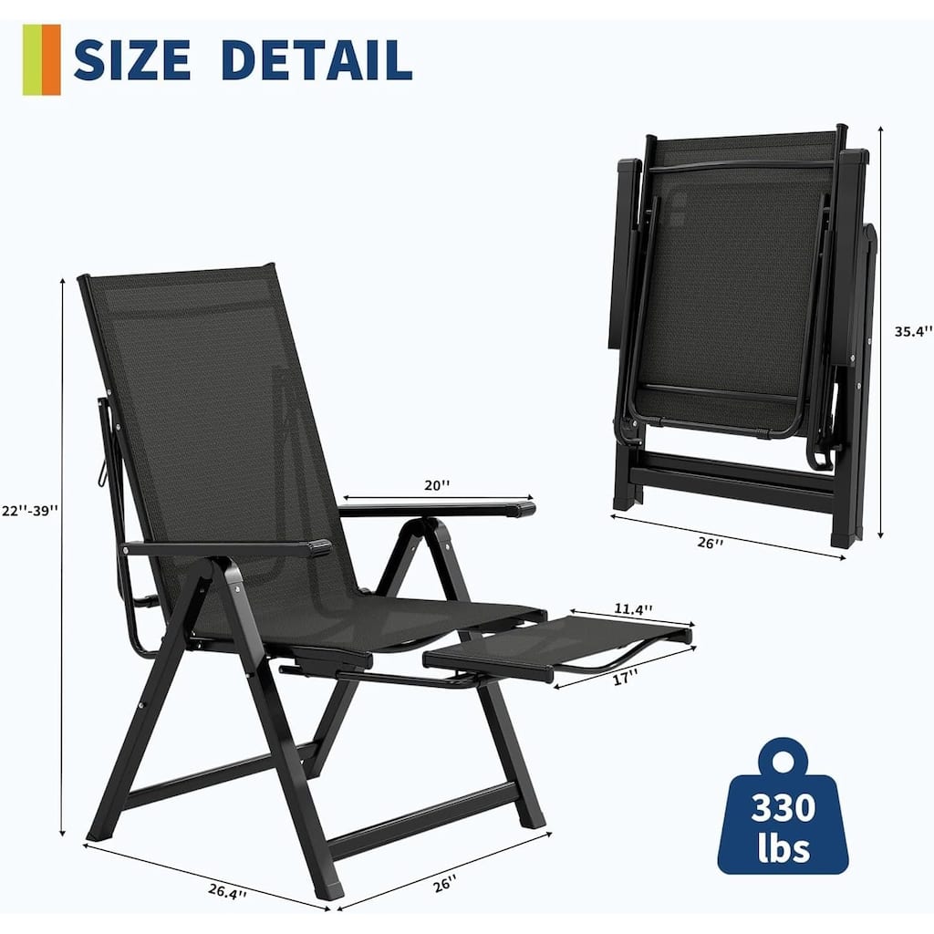 Outdoor Folding Chair, Adjustable Reclining Patio Chair with Armrests & Footrest